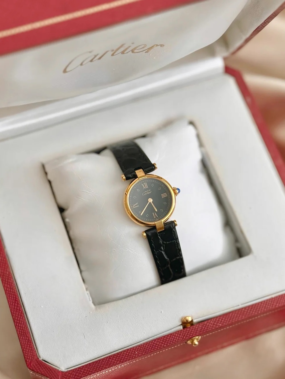 AUTHENTIC VINTAGE CARTIER BLACK LEATHER WATCH - WITH BOX